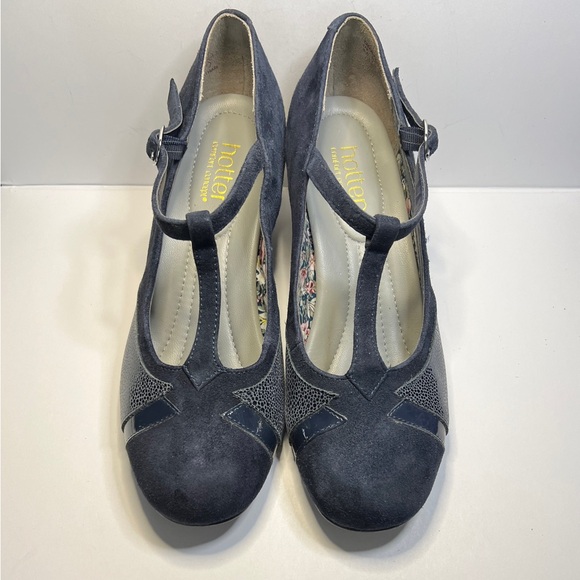 Hotter Georgette T-bar Shoes 👠 Navy Blue Suede Leather, Round Toe Heels - Picture 6 of 12